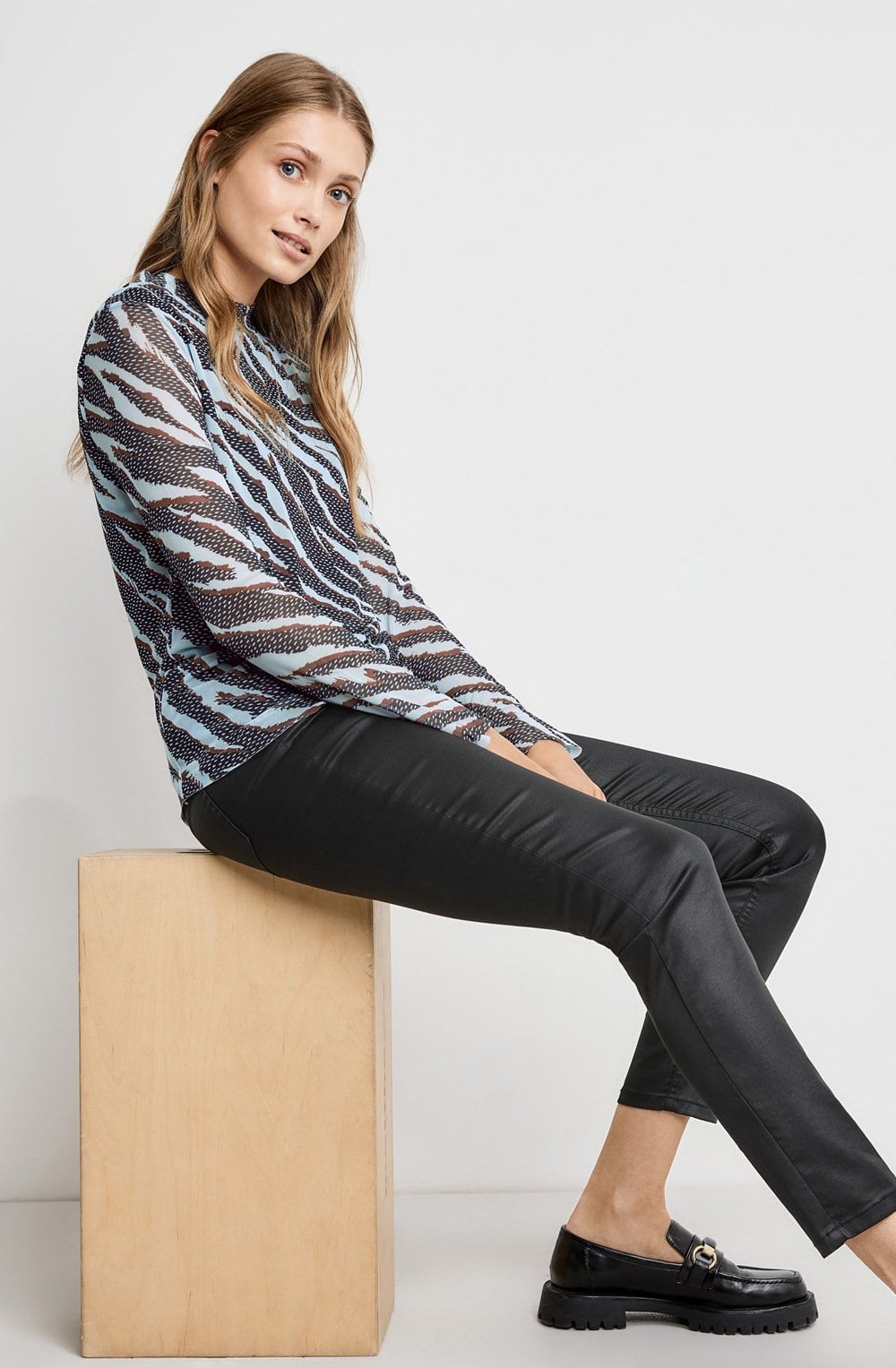 Obsidian Blue Mixed Print Sheer Sleeve Blouse