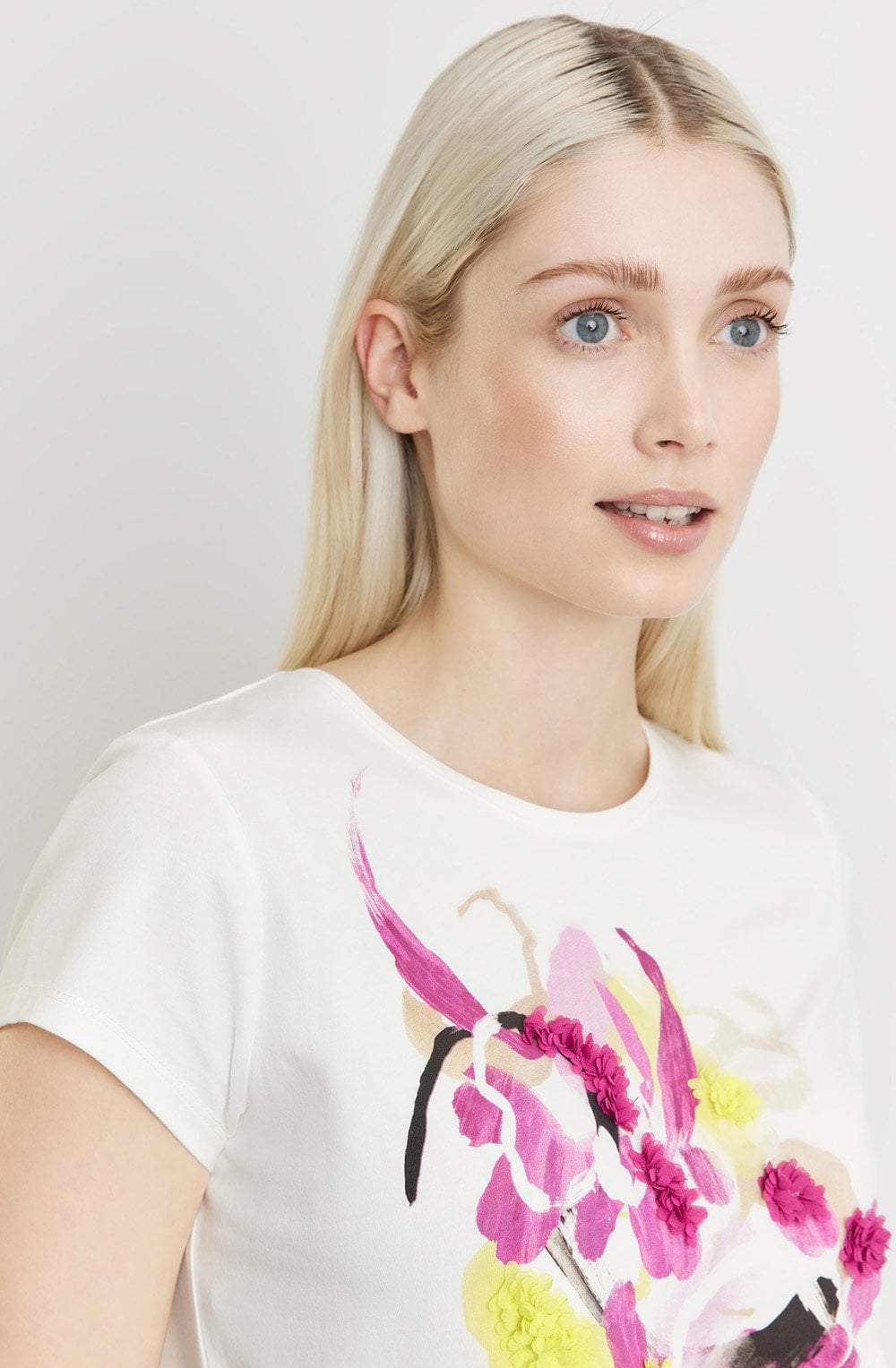 Off White and Pink Applique Flowers T shirt