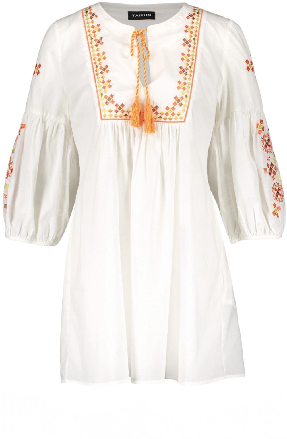 Off White Blouse with Coral Tassels and Embroidery