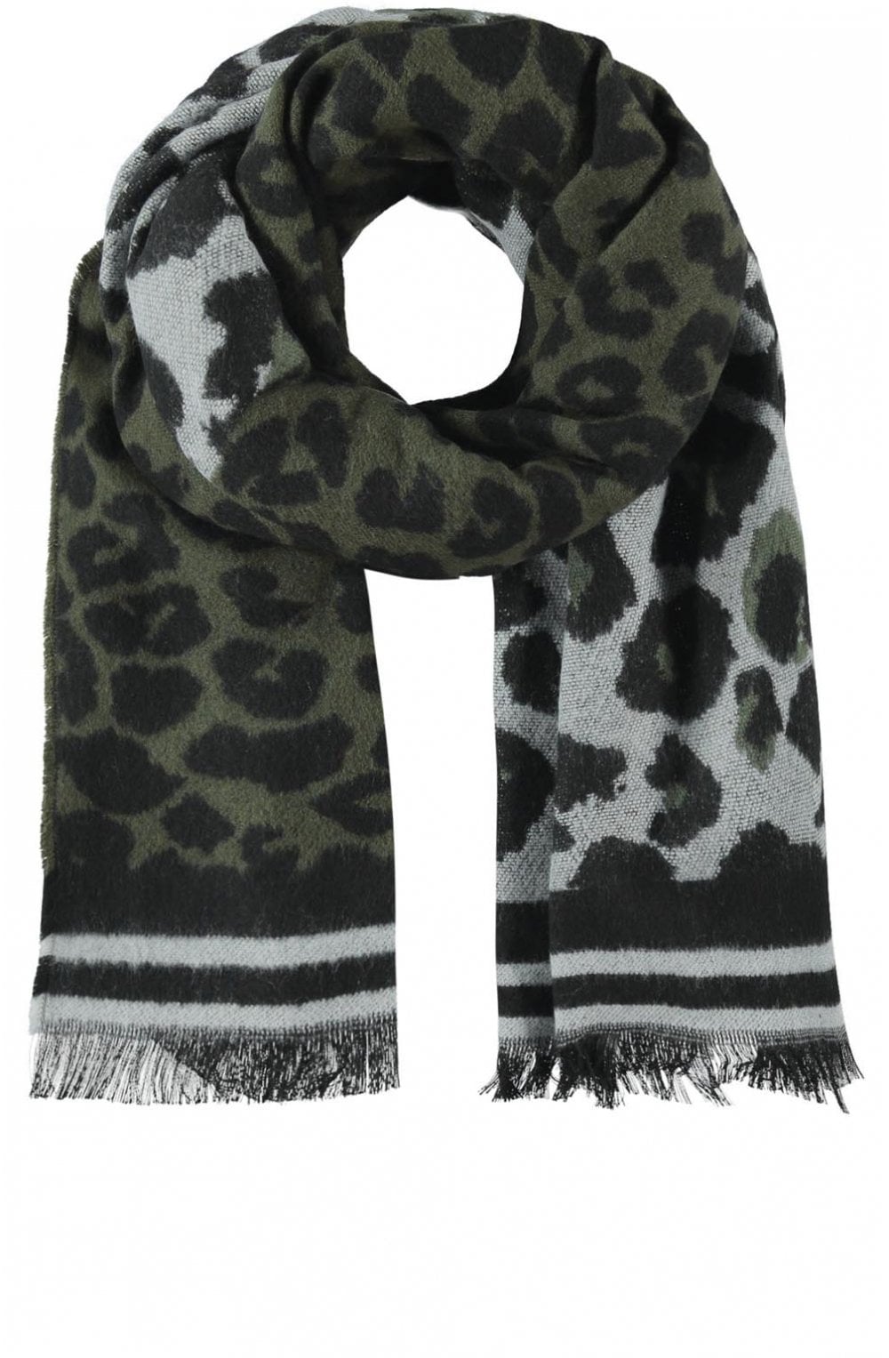 Olive Green Leopard Print Knit Scarf
