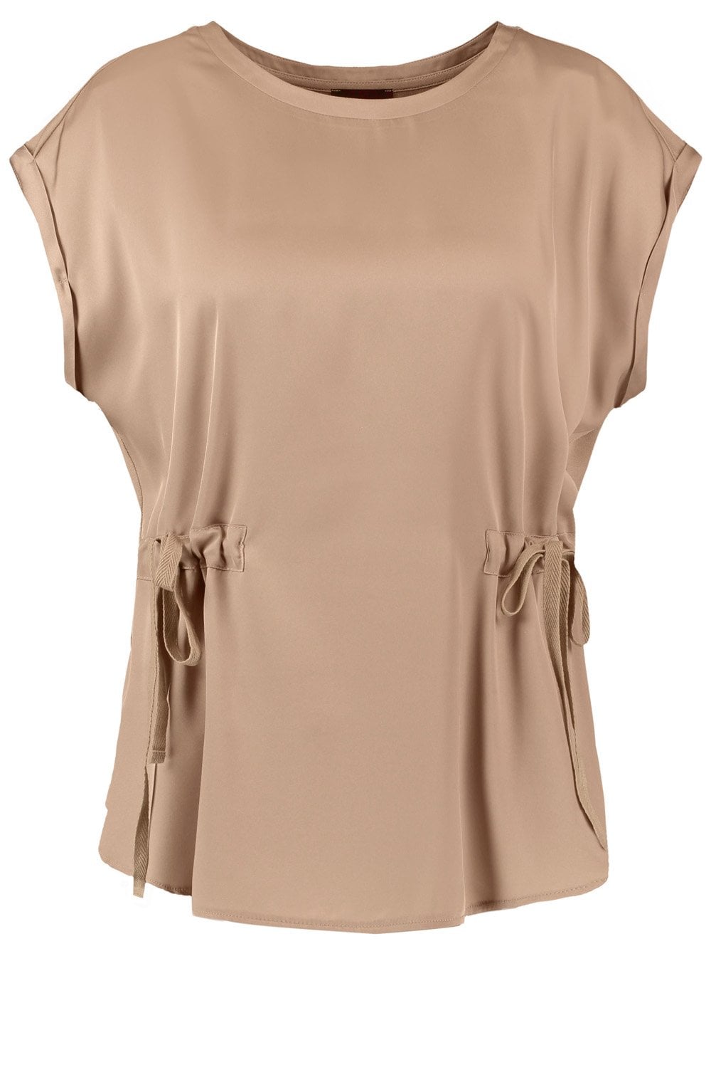 Sand Silky Front Top with Nipped Waist