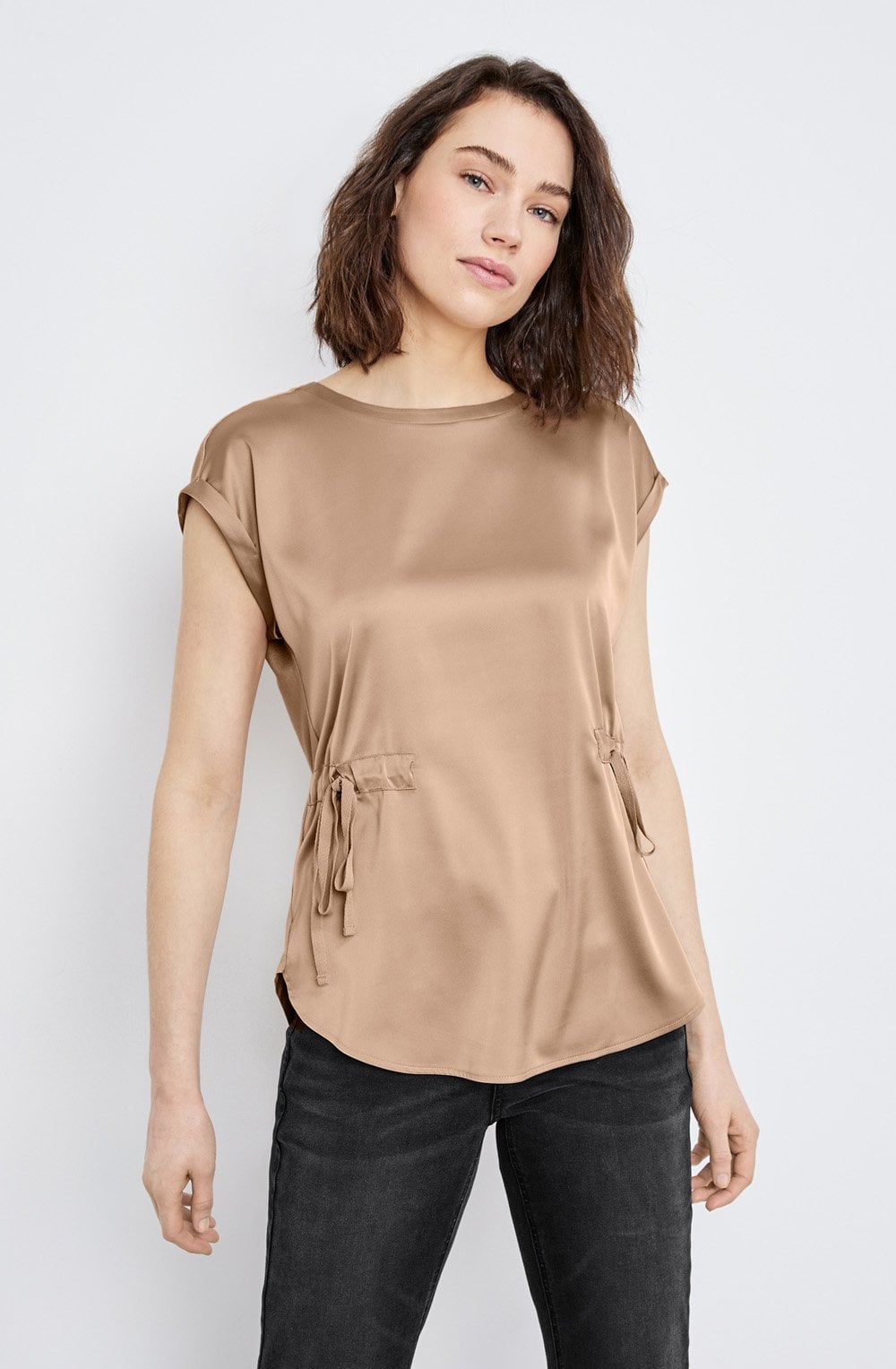 Sand Silky Front Top with Nipped Waist