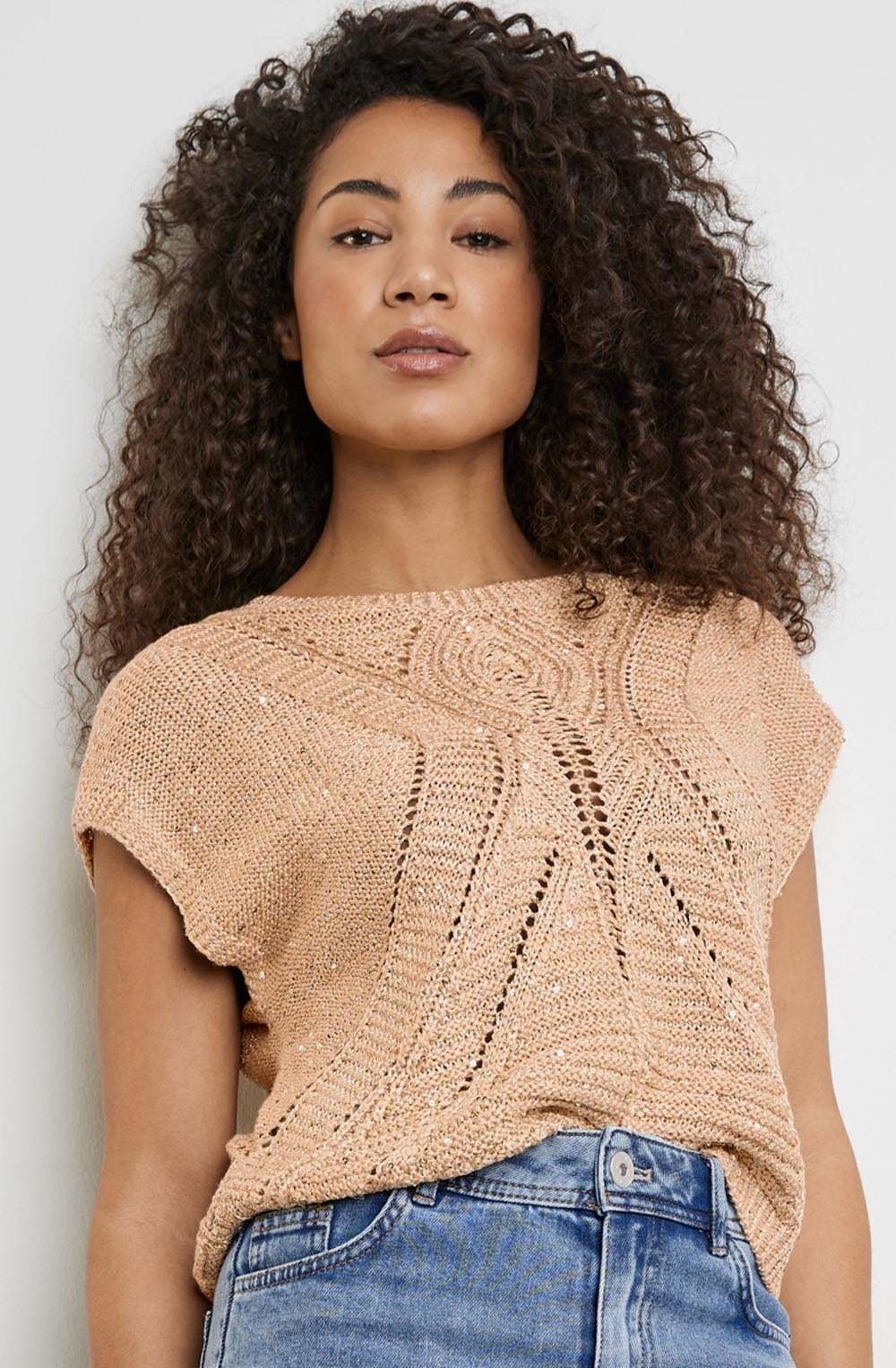 Warm Sand Openwork Pattern Short Sleeve Jumper