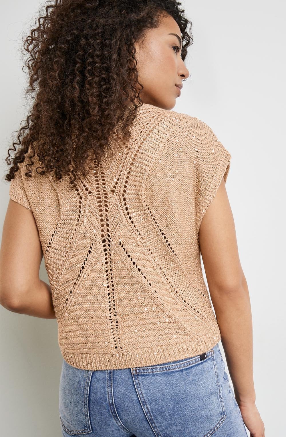 Warm Sand Openwork Pattern Short Sleeve Jumper