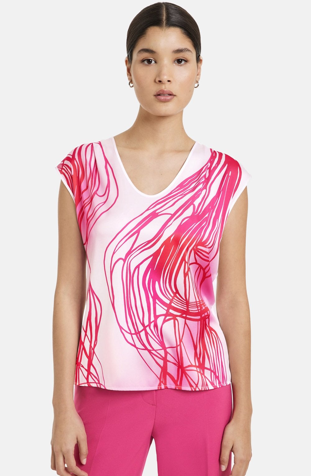 White and Pink Abstract Satin Front Top