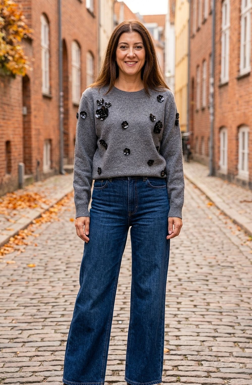 Grey Statement Black Applique Flower Jumper
