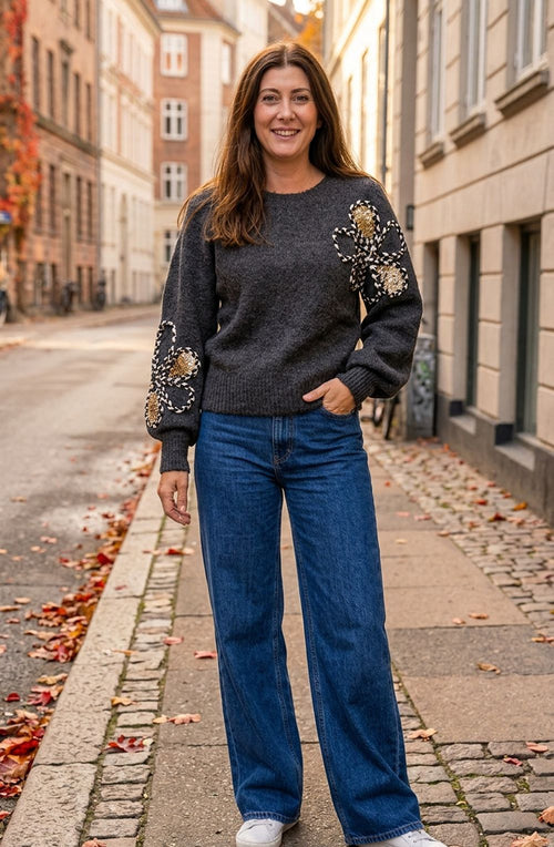 Charcoal and Gold Applique Flower Jumper