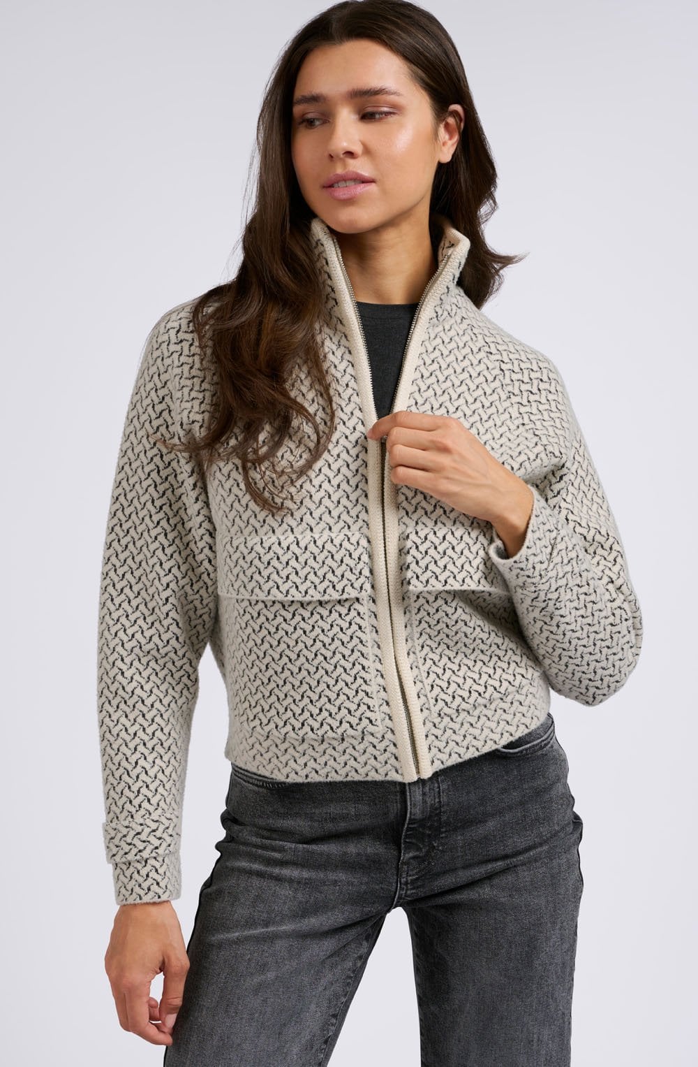 Chalk White and Anthracite Patterned Knit Jacket