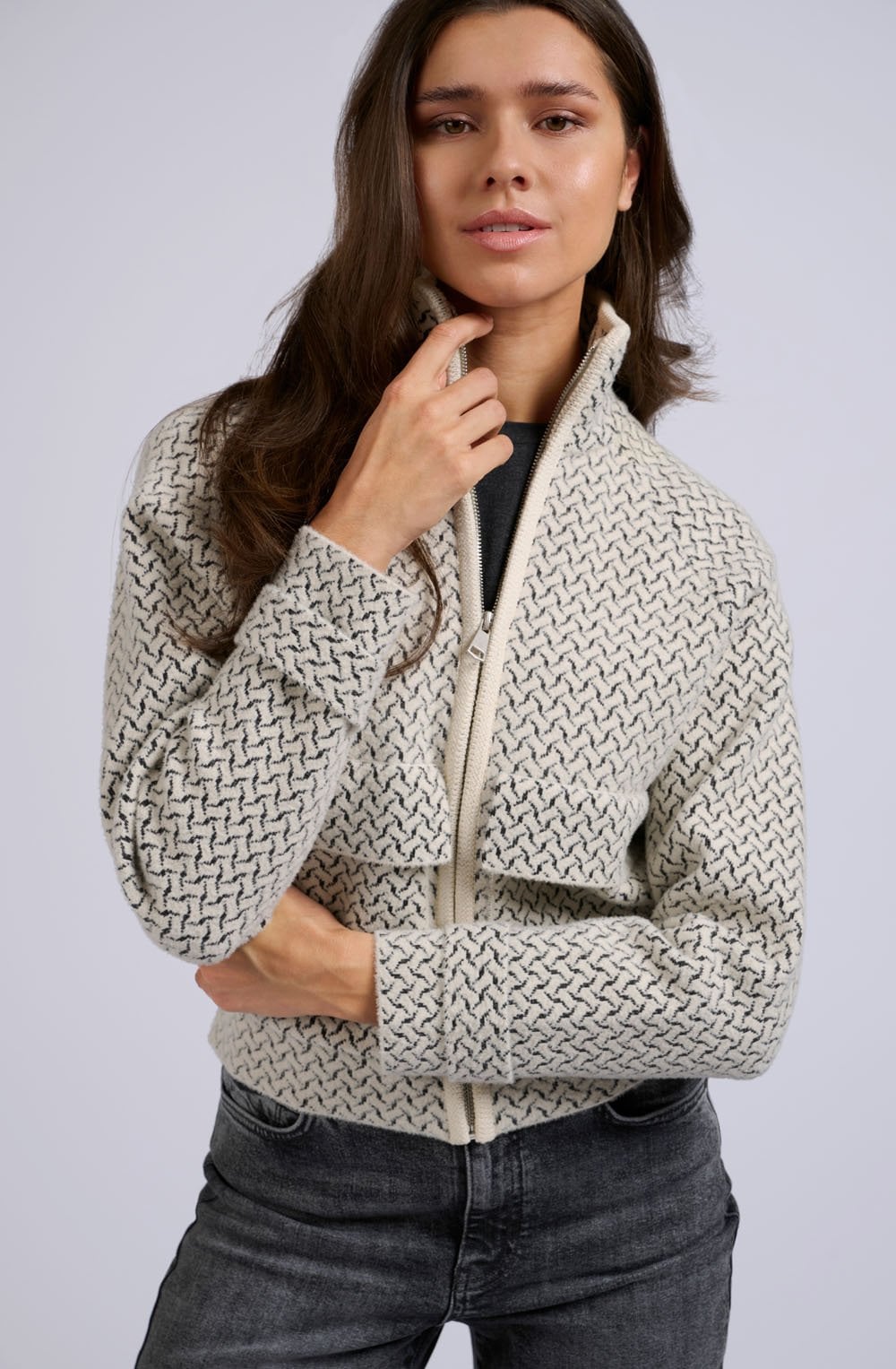 Chalk White and Anthracite Patterned Knit Jacket