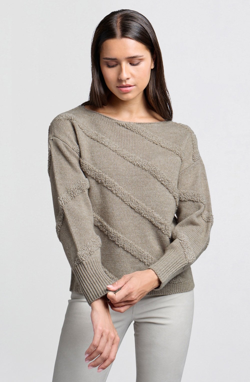 Dove Grey Beige Diagonal Textured Knit Jumper