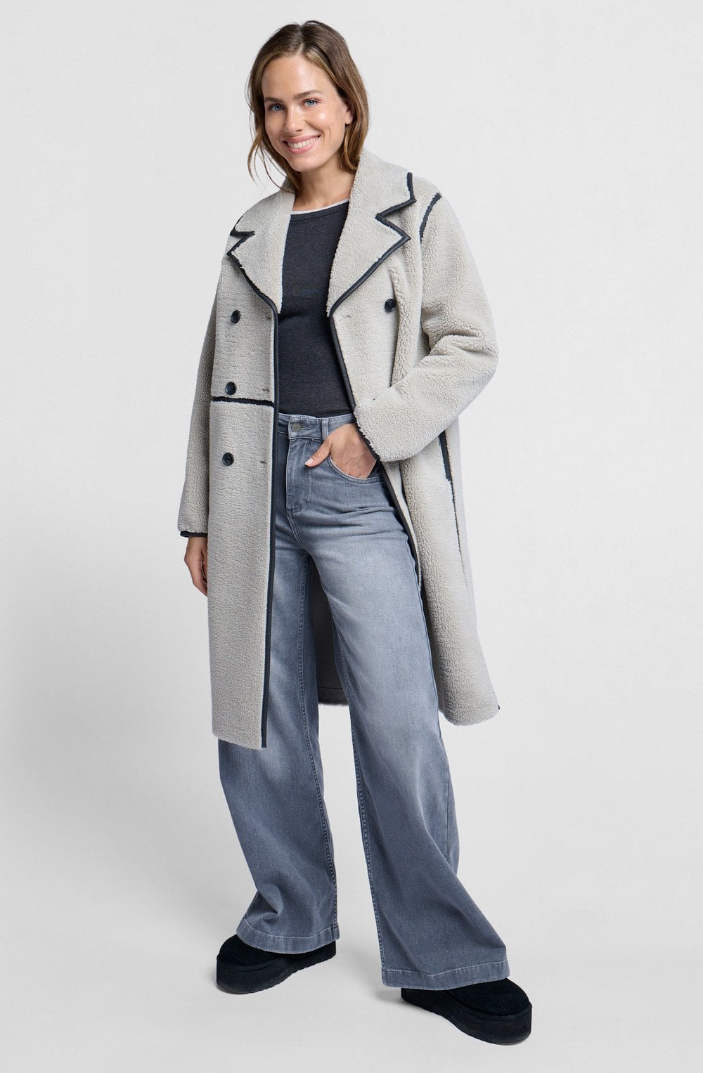 Dove Grey Double Breasted Long Teddy Coat