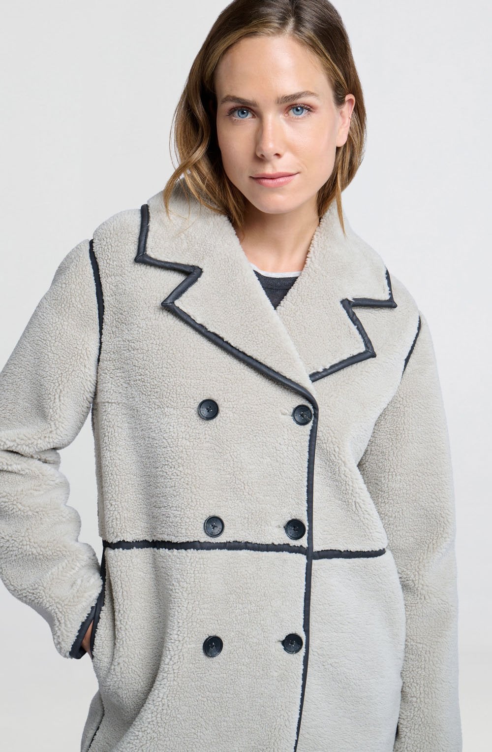 Dove Grey Double Breasted Long Teddy Coat