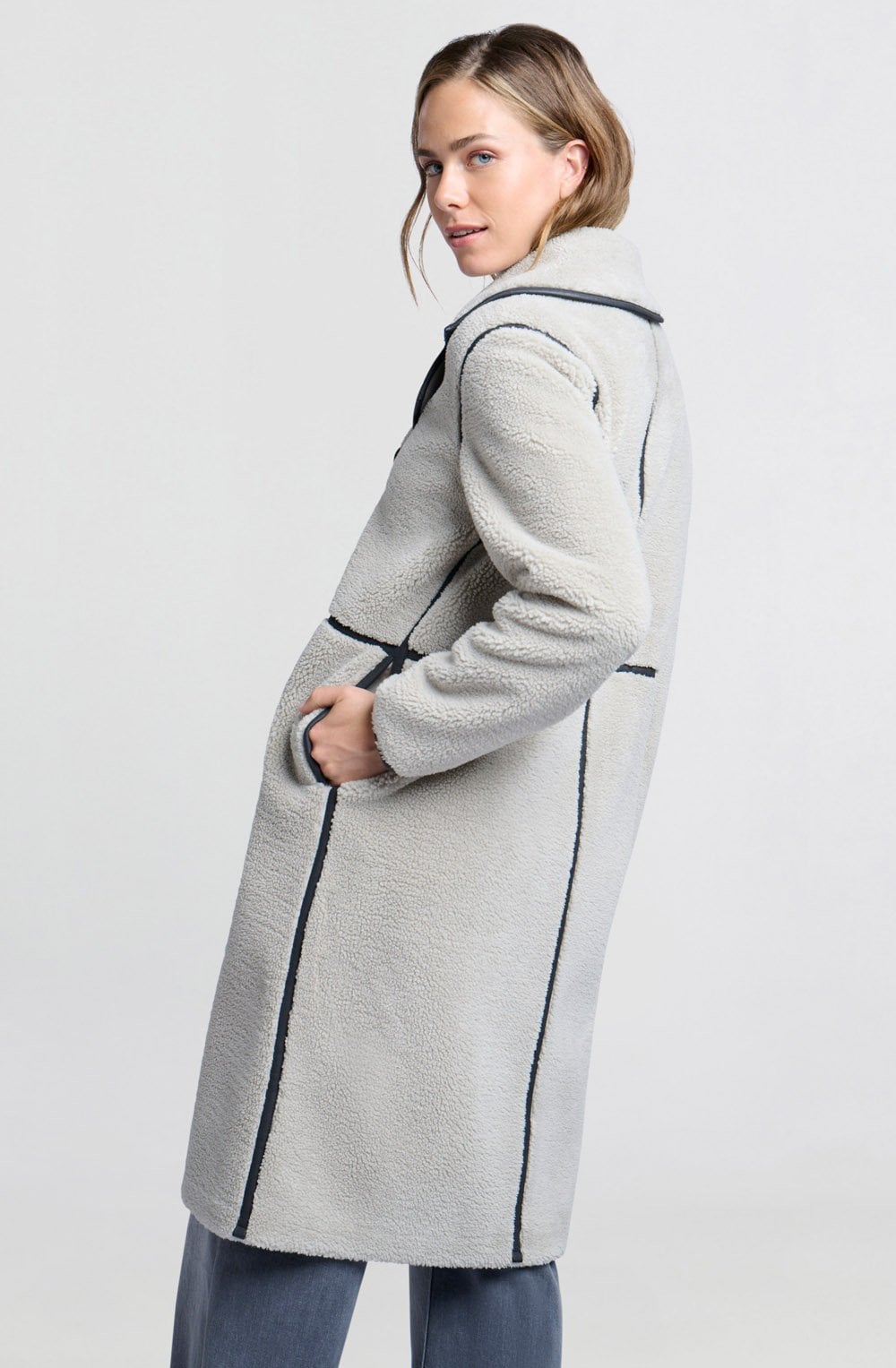 Dove Grey Double Breasted Long Teddy Coat