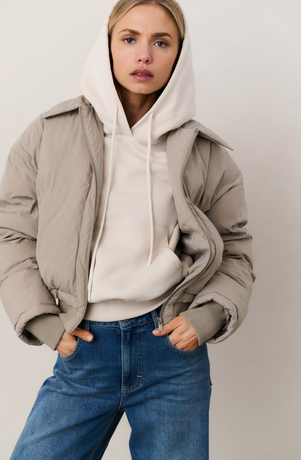 Sand Beige Cropped Padded Jacket
