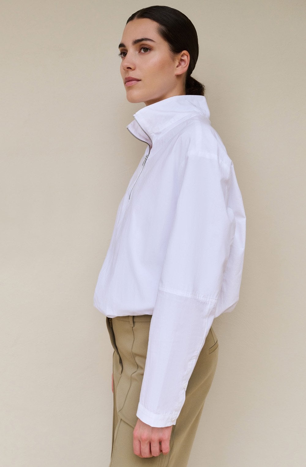 White Quarter Zip Balloon Blouse