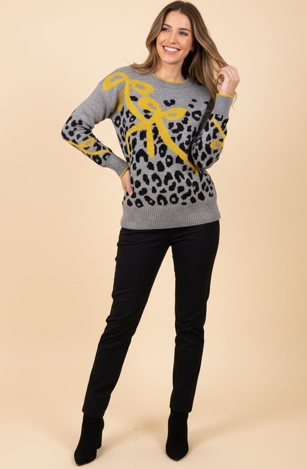 Grigio Grey Animal Print and Yellow Bow Jumper