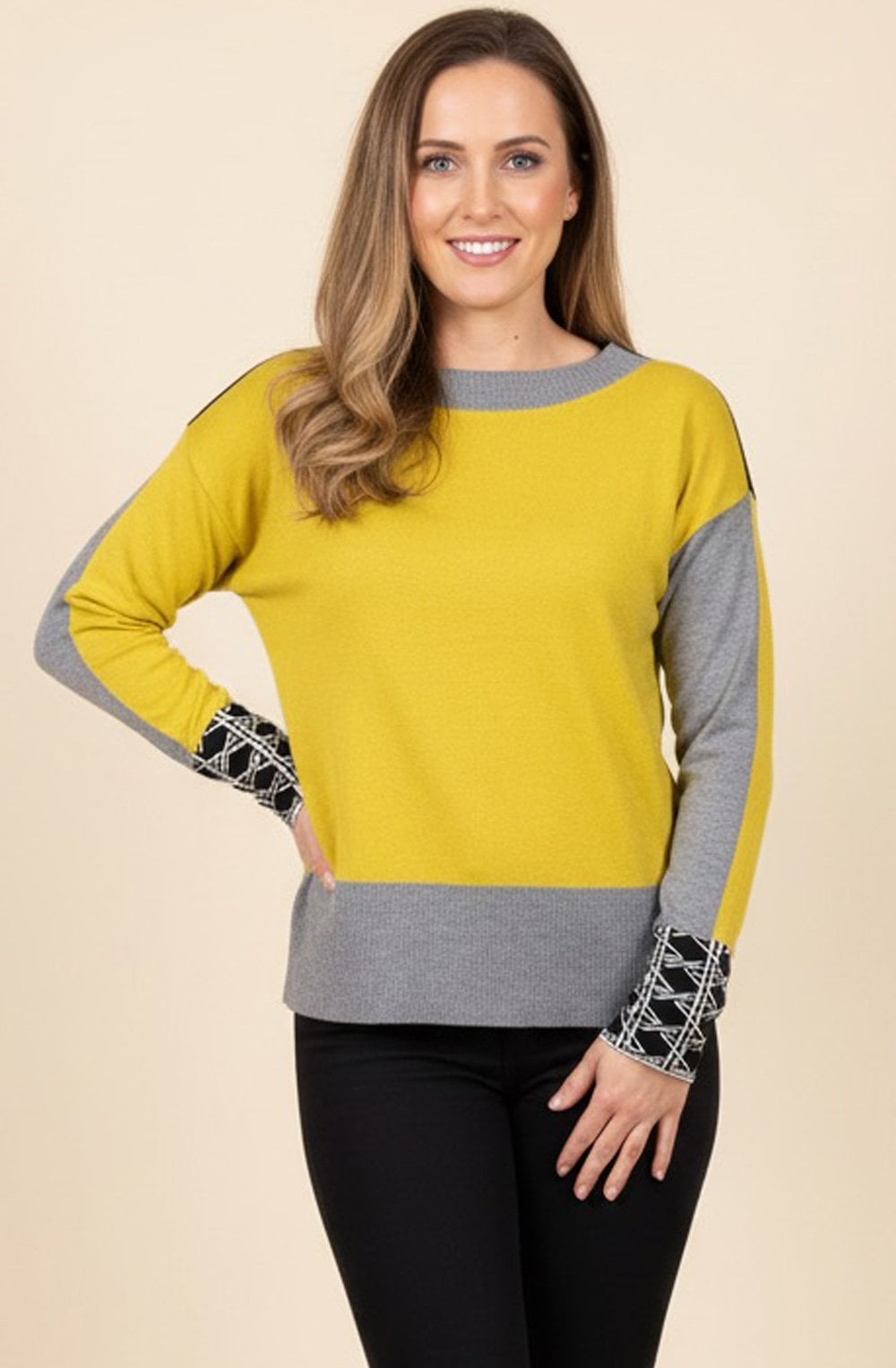 Ocra Colour Block and Patterned Cuff Jumper